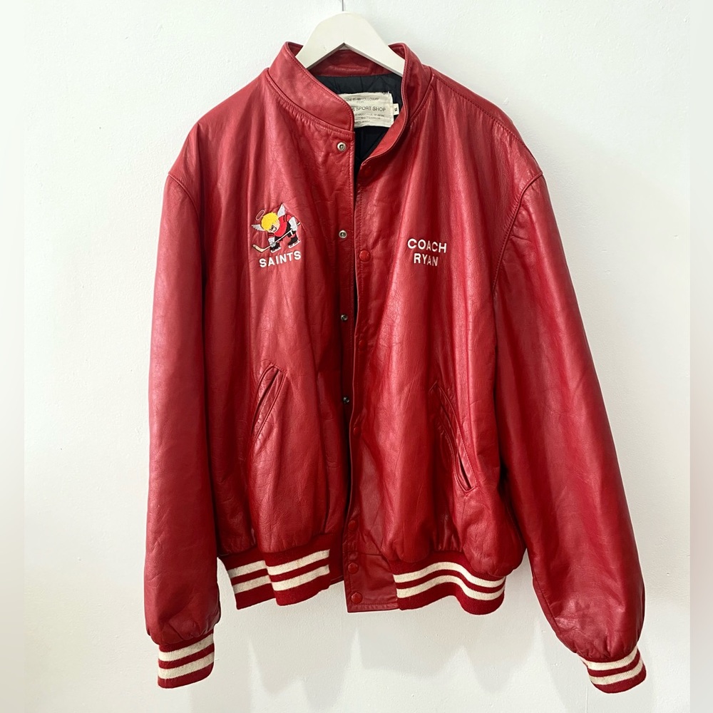 Vintage red leather varsity jacket embroidered “Coach Ryan” “Saints” XL